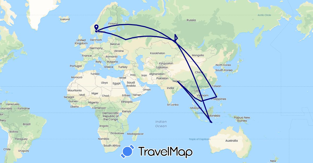 TravelMap itinerary: driving in Indonesia, Cambodia, Norway, Nepal, Philippines, Russia, Thailand, Vietnam (Asia, Europe)